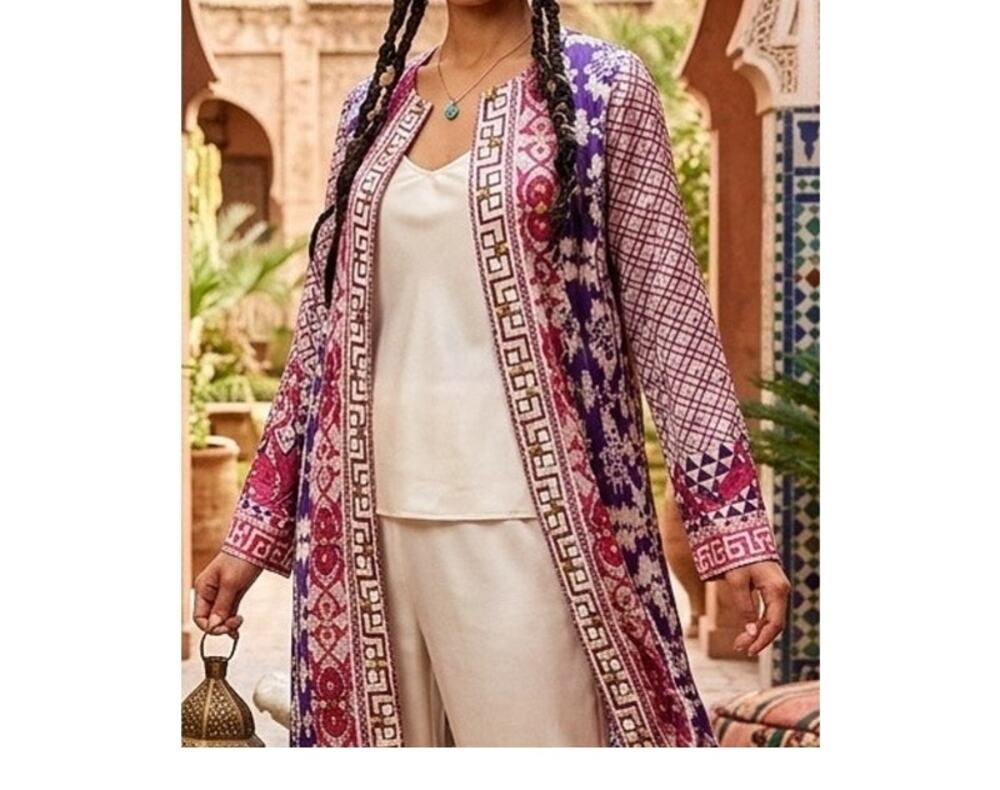 Chinyere Silk Open Front Cardigan/Jacket/Kurta with Natural Stones and Beads